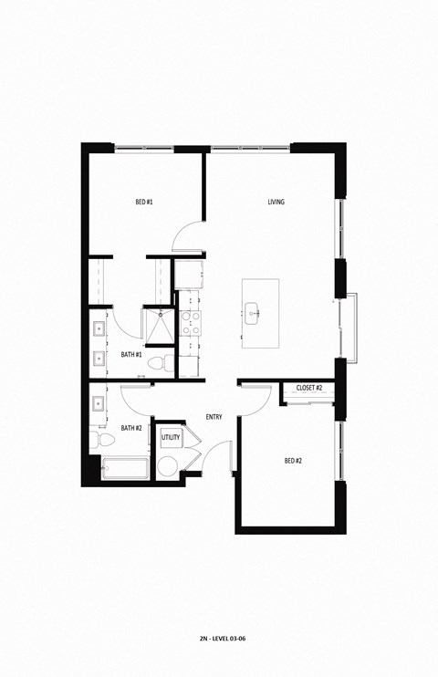 Floor plan for 2 beds, 2 baths, 904 sqft